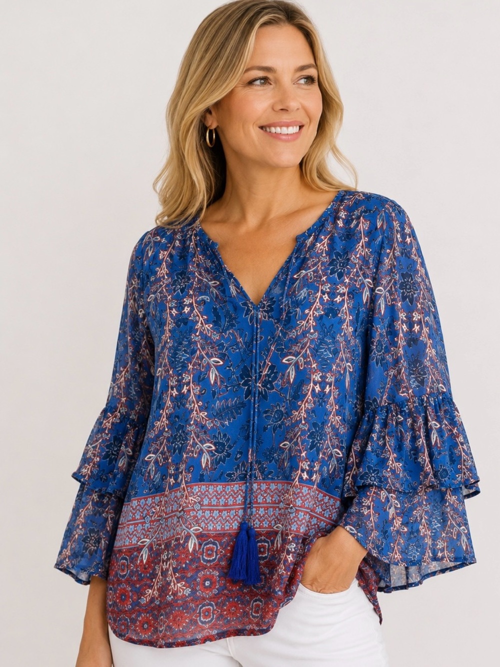 REBA brand ruffle sleeve boho pheasant top